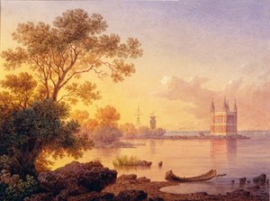 Vista del pabellón rosa (Ozerki) en Peterhof (San Petersburgo). Obra de Luigi Premazzi (1814-1891), acuarela sobre papel. Arte italiano del siglo XIX, academicismo. Museo Estatal al Aire Libre Peterhof, San Petersburgo. de Luigi Premazzi