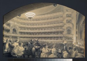 El auditorio del teatro imperial Bolchoi Kammeny, en San Petersburgo. Obra de Luigi Premazzi (1814-1891), acuarela y blanco sobre papel, alrededor de 1850. Arte italiano de Luigi Premazzi