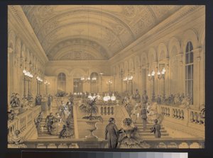 La escalera del Teatro Imperial Bolchoi Kammeny en San Petersburgo. Obra de Luigi Premazzi (1814-1891), acuarela y blanco sobre papel, alrededor de 1850. Arte italiano de Luigi Premazzi
