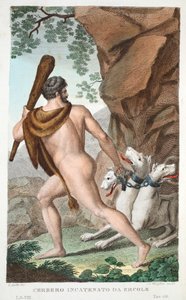 Hércules y Cerbero o Cerbero Encadenado por Hércules, Libro VII, ilustración de las Metamorfosis de Ovidio, Florencia, 1832