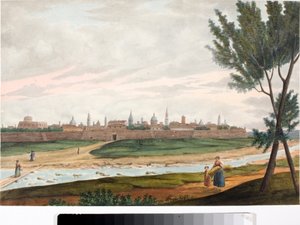 Vista de una ciudad amurallada, probablemente Lucca en Toscana de Luigi Garibbo