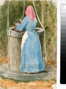 Mujer del pueblo sacando agua del pozo