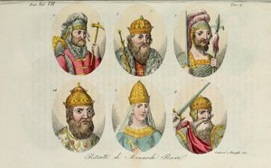 1. Rurik 2. Igor de Kiev 3. Olga 4. Sviatoslav 5. Vladimir el Grande 14. Iván IV de Il costume antico por Giulio Ferrario, 1831 de Luigi Giarrè