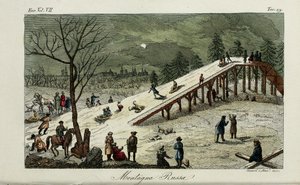 Una montaña rusa. Ilustración de Il costume antico e moderno o storia del governo por Giulio Ferrario, 1831