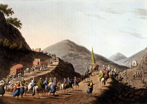 Éxodo en los caminos de las montañas de los Balcanes - en “Vistas en los dominios otomanos, en Europa, en Asia y algunas de las islas del Mediterráneo” de los dibujos originales de Luigi Mayer, Londres de Luigi Mayer