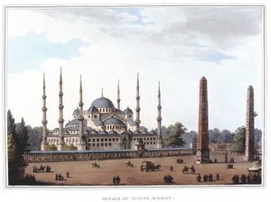 Mezquita del Sultán Ahmed (1609-1616), Estambul. en “Vistas en los dominios otomanos, en Europa, en Asia, y algunas de las islas del Mediterráneo” de los dibujos originales tomados por Luigi Mayer, Londres de Luigi Mayer