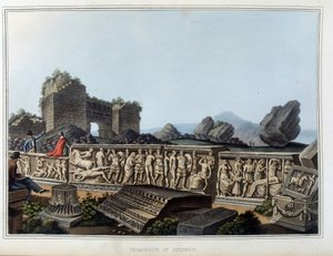 Ruinas y friso tallado en Éfeso, antigua ciudad de Grecia, hoy en Turquía. en “Vistas en los Dominios Otomanos, en Europa, en Asia, y algunas de las islas del Mediterráneo de los dibujos originales tomados por Luigi Mayer, Londres de Luigi Mayer