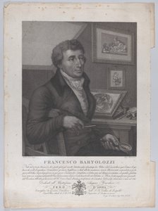 Retrato de Francesco Bartolozzi, sentado, sosteniendo una lupa con herramienta de grabado, 1827 de Luigi Rados