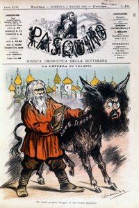 Caricatura sobre Tolstói por Luigi Sapelli Caramba sobre la carta enviada por Tolstói a la Santa Sede. Portada de Pasquino del 05/05/1901