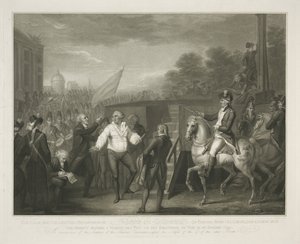 Lodewijk XVI bij het schavot El comportamiento tranquilo y sereno de Lewis XVI al separarse de su confesor Edgeworth / el momento antes de que se pusiera fin a su existencia el 21 de enero de 1793 (título sobre objeto) de Luigi Schiavonetti