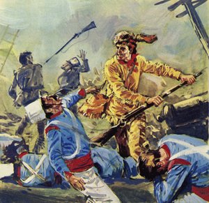 Davy Crockett acabó cayendo ante los incesantes ataques mexicanos (litografía en color) de Luis Arcas Brauner