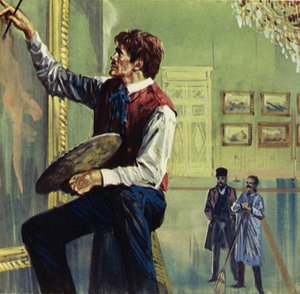 Delacroix trabajando en su lienzo en el Salón de París (litografía en color)