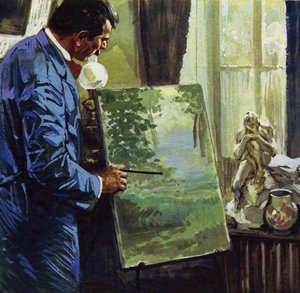 Inspirado por los impresionistas, Gauguin se convierte en pintor aficionado (litografía en color)