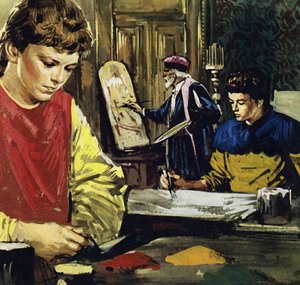 Jan y su hermano Herbert Van Eyck comenzaron su vida como aprendices de un pintor local (litografía en color) de Luis Arcas Brauner