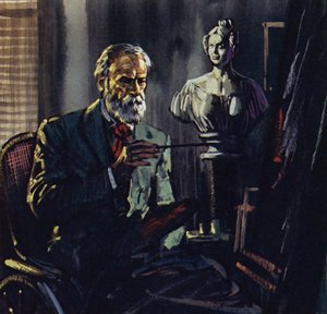 El reumatismo confinó a Renoir a una silla de baño (litografía en color)