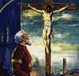 Tiziano pintó muchos cuadros para el rey Felipe II de España, incluida su famosa Crucifixión (litografía en color).