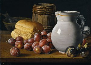 Naturaleza muerta con ciruelas, higos, pan y jarra