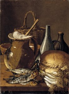 Bodegón con arenques, cebolletas, pan y utensilios de cocina de Luis Egidio Melendez