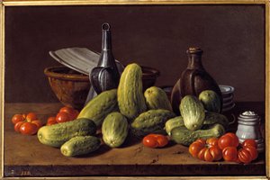 Bodegón: pepinos, tomates y recipientes