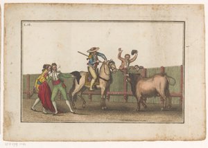 Picador apunta su lanza a un toro Colección de las principales suertes de una corrida de toros (título de la serie) Colección de las maniobras taurinas más importantes (título de la serie) de Luis Fernandez Noseret