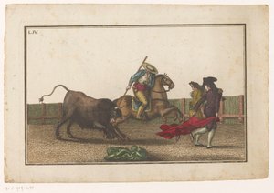 Picador clava su lanza en un toro Colección de las principales suertes de una corrida de toros (título de la serie) Colección de las maniobras taurinas más importantes (título de la serie) de Luis Fernandez Noseret
