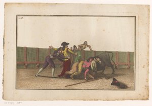 Picador se cayó de su caballo Colección de las principales suertes de una corrida de toros (título de la serie) Colección de las maniobras taurinas más importantes (título de la serie) de Luis Fernandez Noseret