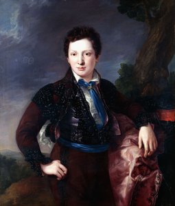 Retrato de Don Matias Edmundo Tirel y Gomez de las Casas, futuro Segundo Marqués de Ulagares y Vizconde de Castel Ruiz, de pie tres cuartos vestido como un Majo, 1833 de Luis Lopez Piquer