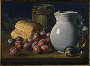 Bodegón con ciruelas, higos, pan, barriles, jarra y otros recipientes de Luis Meléndez
