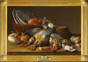 Bodegón con dos perdices, cebollas y utensilios de cocina ... (pintura sobre lienzo)