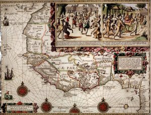 Mapa geográfico de Guinea hecho por el cartógrafo Luis Teixera (o Teixeira), aproximadamente 1586. En la parte superior derecha, representación de una escena de baile entre los indígenas (africanos). de Luis Teixeira