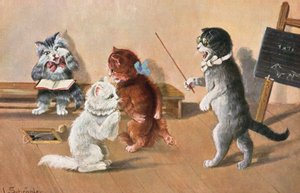 Postal humorística de gatos (litografía en color)