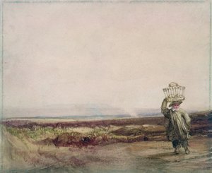 Un niño llevando una canasta en su cabeza, en un paisaje de páramo de Luke Clennell