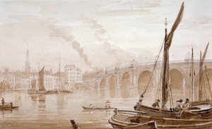 Vista del Puente Blackfriars desde la orilla de Surrey, con barcos en primer plano, Londres, c. 1825 de Luke Clennell