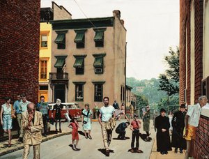 Autorretrato con desconocidos, c.2020 (pintura acrílica sobre papel) de Luke Waller
