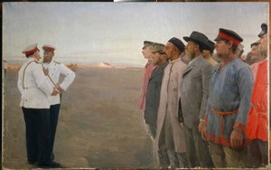 Reclutamiento - Pintura de Lukian Vasilyevich Popov (1873-1914), óleo sobre lienzo