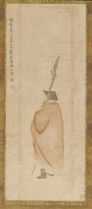 Hombre de pie con abrigo rojo, dinastía Qing, siglo XVIII