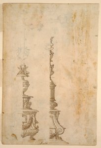 Dos diseños para bases de cruz de altar; verso, diseños para cinco proyectos de Luzio Romano