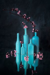 Jarrones azules, flores rosas de Lydia Jacobs