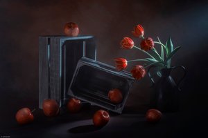 Naturaleza muerta floral, frutal y oscura de Lydia Jacobs