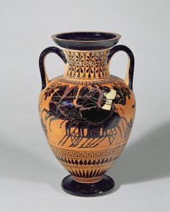 Ánfora de figuras negras áticas que representa un carro con ruedas, 520-500 a.C.