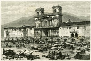 La Catedral de Quito (capital del actual Ecuador) y el entretenimiento popular en su plaza. Grabado por Clerget y Ferdinandus, para ilustrar la historia “América Equinoccial” de M. (after) Ferdinandus