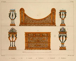Diseños de muebles, grabado por Mme Soyer, lámina 28 de 
