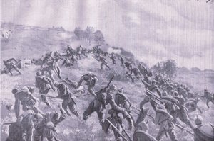 La reconquista de Szawle. Asalto a la cresta, de La Historia Ilustrada de la Guerra Mundial 1914-1915 publicada por Union Berlagsefellfchaft de M. Barascudts