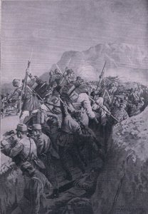 Ataque fallido de los italianos en las alturas de Doberdo, de La Historia Ilustrada de la Guerra Mundial 1914-1915 pub. por Union Berlagsefellfchaft de M. Barascudts