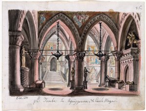 Le tombeau de Charlemagne a Aix-la-Chapelle - Escenografía para la Ópera Ernani de Giuseppe Verdi - M. Conti (1810-1886). Acuarela sobre papel Dimensiones : 22x29 cm The Morgan Library & Museum, Nueva York de M. Conti