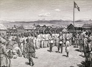 Sir Henry Morton Stanley dirigiéndose a los oficiales rebeldes en Kavalli, 1890 de M. Schonberg