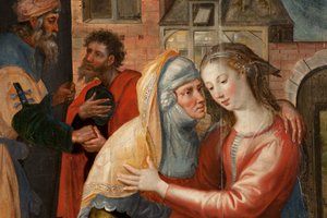 Adoración de los Magos, Tríptico, Panel izquierdo: Vida de la Virgen María (detalle) de Maarten de Vos