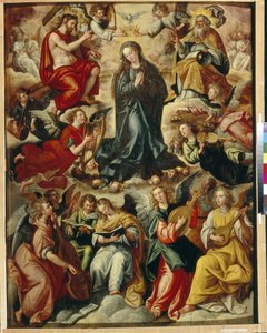 La Coronación de la Virgen. La Asunción de la Virgen, rodeada de ángeles músicos y cantores, es coronada por ángeles y coronada por el Espíritu Santo, es acogida en oración por Cristo cargando su Cruz. Marcos de Maarten de Vos