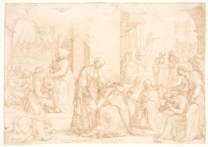 Felipe, Pedro y Juan confieren el Espíritu Santo a los hombres y mujeres bautizados en Samaria mediante la imposición de manos de Maarten van Heemskerck