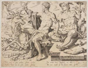 Neftalí con un ciervo y una estatua rota de Mercurio, de la serie Los Doce Patriarcas, grabado por Dirk Volkertsz Coornhert de Maarten van Heemskerck